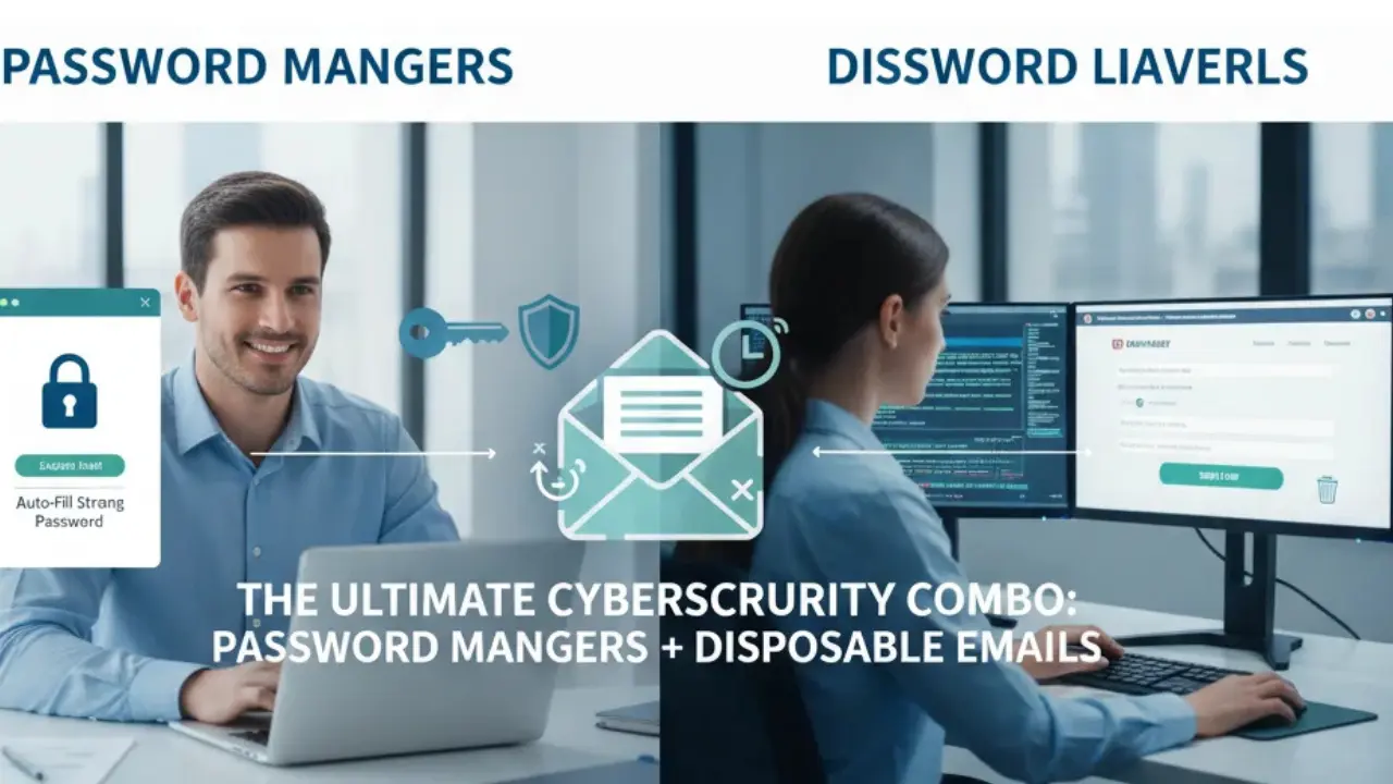 Cybersecurity shield protecting data with password manager and temp mail